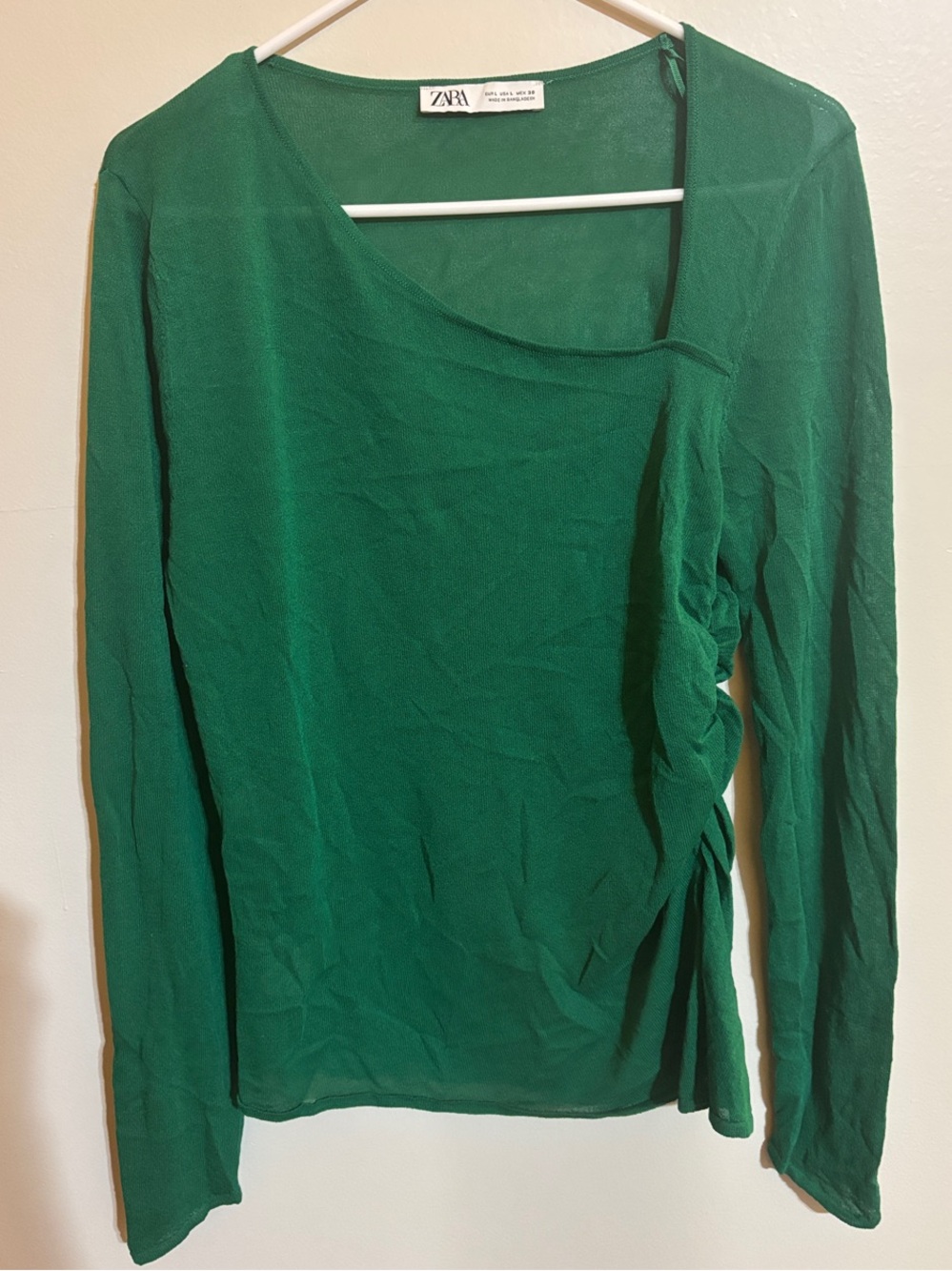 Zara Emerald Green Long-Sleeve Side-Ruched Top size L